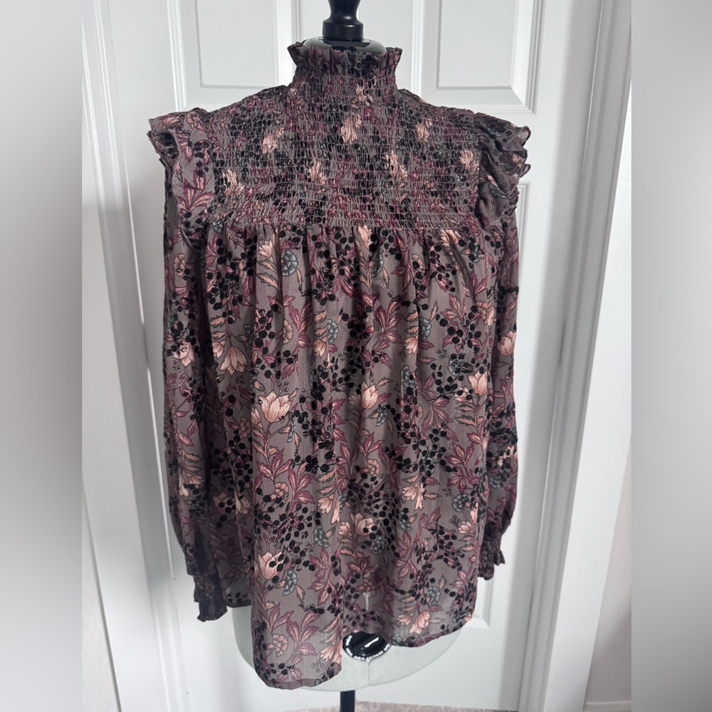 Knox Rose Mauve Pink Floral Smocked Long-Sleeve Blouse